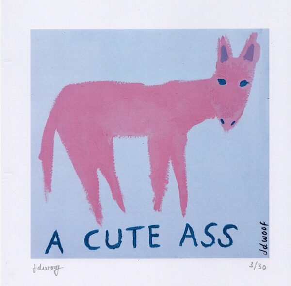 painting of a pink donkey with the words "A CUTE ASS"