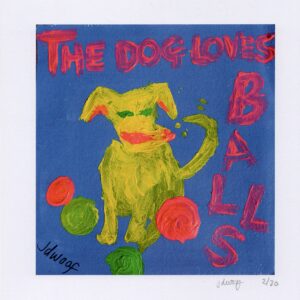 a painted yellow dog surrounded by colourful balls and the text "THE DOG LOVES BALLS"